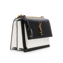 Ysl Medium Sunset Bag In Black And Pearl White Leather