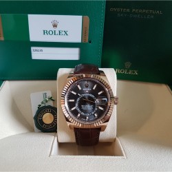 Rolex Sky-Dweller Rose Gold Dark Rhodium Index Dial Fluted Bezel Leather Strap 326135 